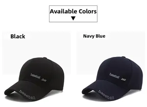 Detail view of cotton baseball caps for men in black and navy blue with embroidery