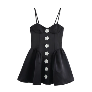 Women Satin Camisole Mini Dress 3D Flower Decor Puffy Sleeveless Elegant Sweet Style