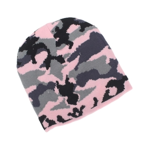 Close-up of pink and grey camouflage jacquard knit beanie with soft winter texture