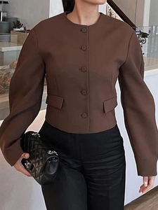 Women's casual brown cropped jacket with puff sleeves and single-breasted design
