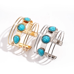 Bohemian multilayer open cuff bracelet with gold finish and blue turquoise stones