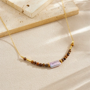 Golden stainless steel chain necklace with tiger eye beads and purple baroque pearl