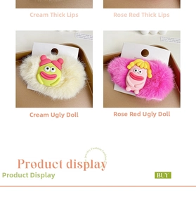 Close-up of cute plush hair clips featuring cartoon doll characters in yellow and pink