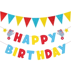 Circus Theme Happy Birthday Banner Glitter Paper Triangle Bunting Party Decoration Elephant Cartoon Carnival Style