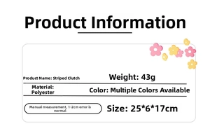 Detailed product info card for seersucker clutch bag showing size and polyester material