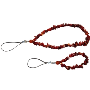 Handmade red natural crushed stone phone charms with black cords and metal clasps