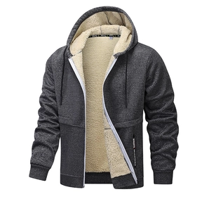 Close-up of men's heather grey hoodie with warm sherpa lining and white zipper detail