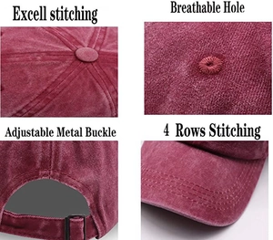 Detail of burgundy washed cotton baseball cap with adjustable metal buckle and stitching