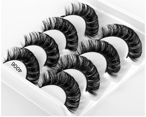 Detailed view of dense Russian curl false eyelashes in model 4006 on white tray