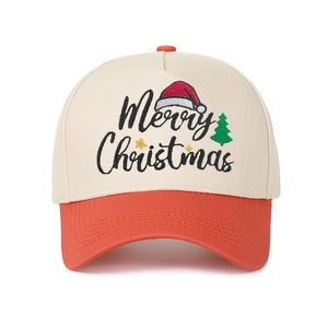 Detailed embroidery of Merry Christmas text and festive symbols on a five-panel hat