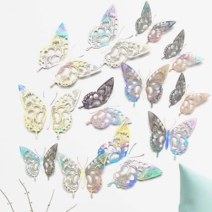 Macro detail of hollow 3D butterfly wall stickers with metallic iridescent finish effects