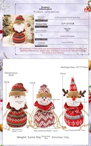Detailed size specifications for the knitted Santa, Snowman and Reindeer drawstring bags