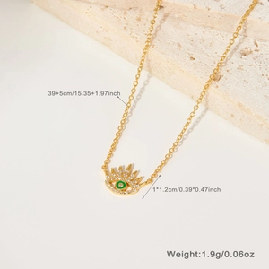 Detailed view of the gold Evil Eye pendant necklace with size and weight measurements