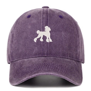 Detail of vintage washed purple cotton baseball cap with white poodle dog embroidery