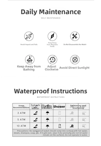 Maintenance guide and 3ATM-10ATM waterproof instructions for men's quartz business watch