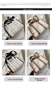 Detailed comparison of canvas tote bags in black and brown trim with different sizes