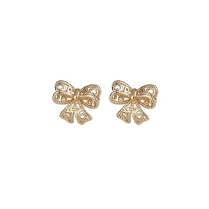 Elegant gold hollow bow stud earrings with intricate filigree heart and dot details
