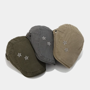 Vintage solid color newsboy flat cap with stylish silver star decoration for women