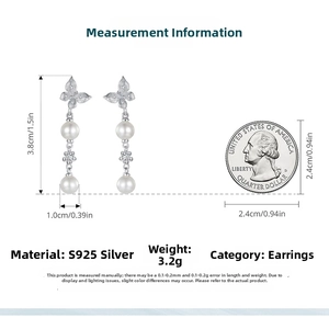 Detailed size measurement of S925 silver butterfly pearl earrings with coin for comparison