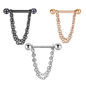 Triple set of stainless steel heart chain nipple rings in black, rose gold and silver finish