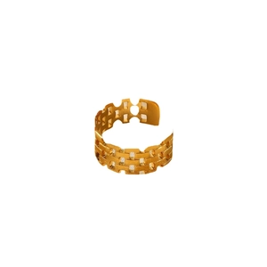 Golden 18K gold-plated stainless steel watchband-style wide open ring on white background