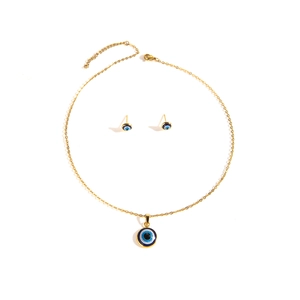 Minimalist golden evil eye jewelry set with blue pendant necklace and stud earrings