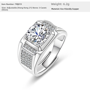 Detail view of silver luxury men's ring featuring a 3ct round stone and side diamond accents