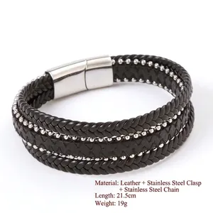 Men's fashion black braided leather bracelet with stainless steel beads and magnetic clasp