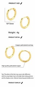 Detail view of gold-plated geometric U-shape hoop earrings showing 18x3mm size and weight