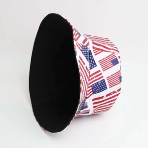 Detail view showing American flag print bucket hat with black lining for sun protection