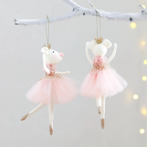 Christmas mouse hanging ornaments with golden crowns and pink tulle tutu skirts