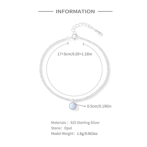 Sparkling S925 sterling silver opal bracelet with adjustable 17 plus 3cm chain length
