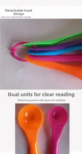 Detail of colorful measuring spoons set featuring dual-scale markings and detachable hook