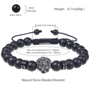 Retro lion head matte stone beaded bracelet with 8mm black beads and adjustable knot