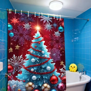 Detail of Christmas tree pattern bathroom curtain with blue tree and red snowflake background