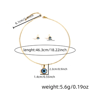 Detailed size specifications for evil eye necklace and earring set in gold metal