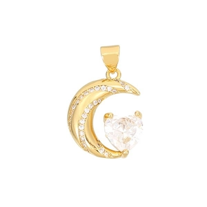 14K gold-plated moon pendant with pavé zircon heart for DIY jewelry making
