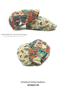 Detail of adjustable metal buckle on vintage floral beret with jacquard butterfly pattern