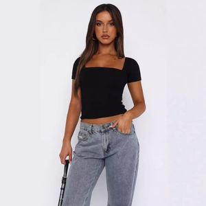 Women Ruched Short Sleeve T-Shirt Square Neck Slim Fit Crop Top Polyester Spandex Solid Color Casual Streetwear