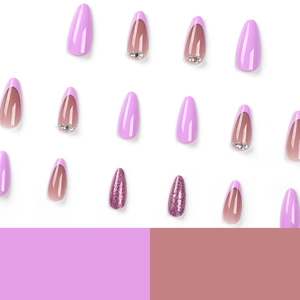 Lavender press-on nails set with stiletto shape, rhinestones, and glitter finish