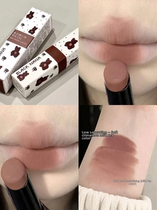Matte finish cinnamon milk tea lipstick swatches showing velvet texture and cute bear design