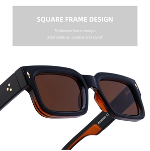 Detail of square black and orange frame sunglasses with tea-colored lenses and model code