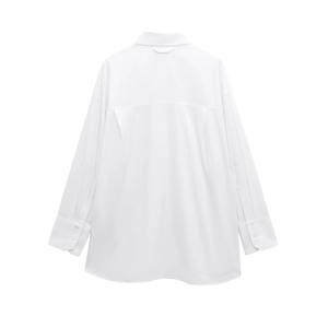 Detailed back view of a white long-sleeve shirt showing loose fit and shoulder pleats