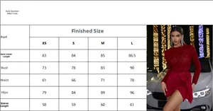 Size chart for the long sleeve lace party dress including chest and waist dimensions