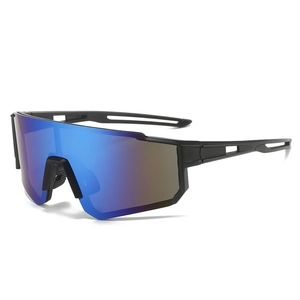 Detail view of matte black sport cycling sunglasses with blue mirror lenses