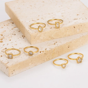 Set of 6 gold stainless steel rings with zircon heart star and teardrop crystals