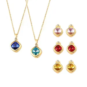 Vintage Copper Zirconia Jewelry For Women Chic Gold Plated Square Cushion Cut Stone Necklace Or Stud Earrings Fashion Accessories