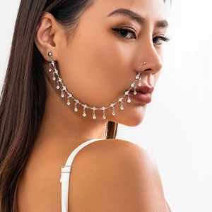 Ethnic silver chain nose-to-ear ring with sparkling rhinestones and tassels for women
