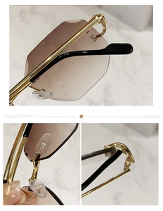 Detailed close-up of rimless gradient lenses with geometric edges and gold metal hinges