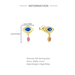 Macro shot of S925 sterling silver evil eye earrings with colorful AAAAA zircon stones